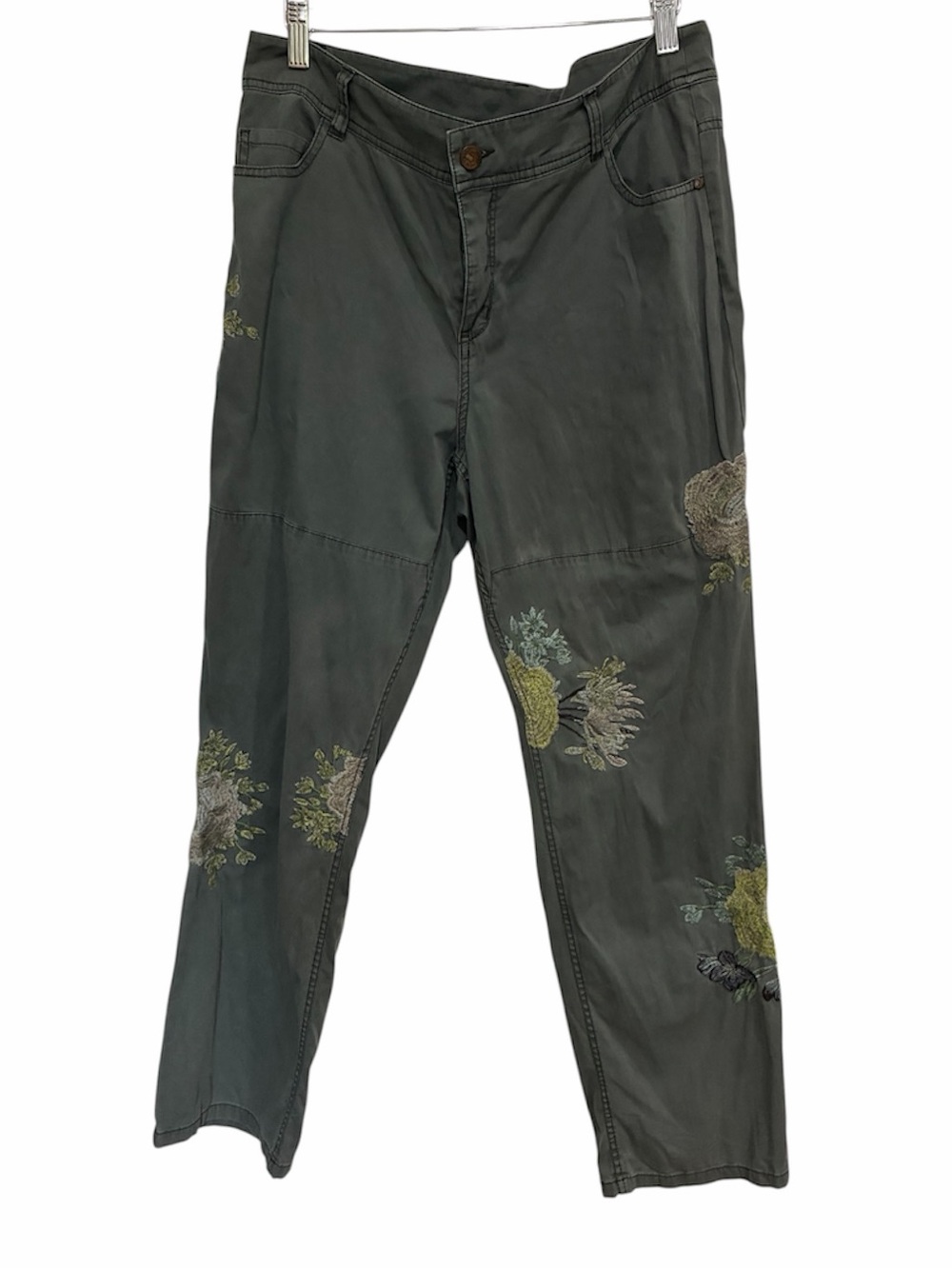 Sundance olive green chino pants floral embroidery boho style sz 10P